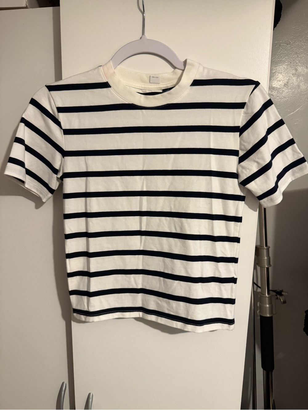 French Connection White and Black Striped Short Sleeve Tee